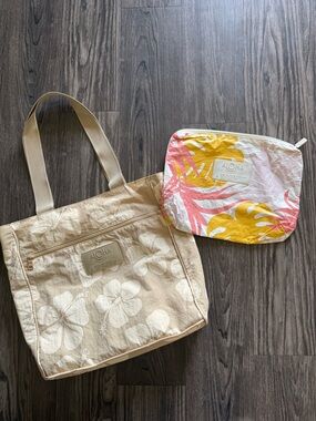 ALOHA Collection Beige Floral Tote with Yellow & Pink Tropical Pouch